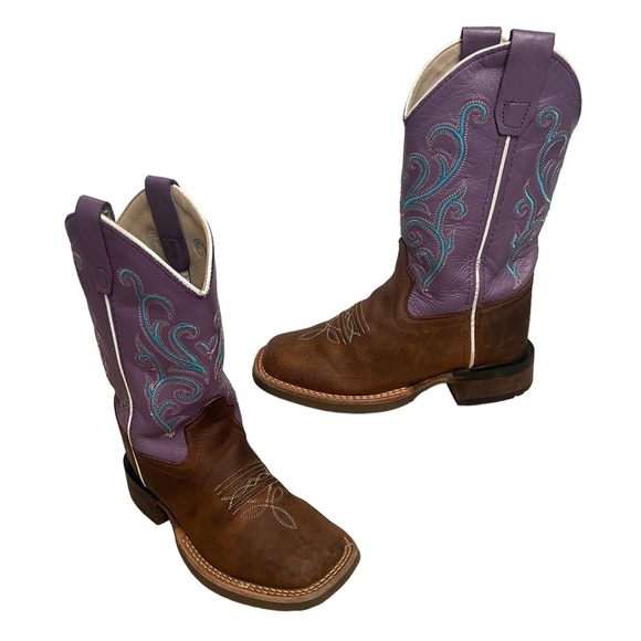 Old West Other - Old West Brown Purple Leather  Squared Toe Western Cowgirl Girl’s Boots size 12